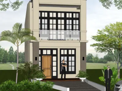 Facade house with two stories and car 3D model