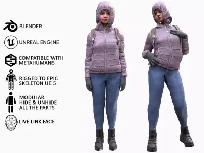 Woman - Winter Outfit 3 - Modular - Rigged Low-poly 3D model