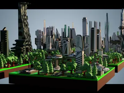 10 Stylized Futuristic City Block Areas plus flying cars 3D model