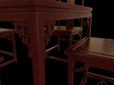 Chinese style dining table and chair 3D model