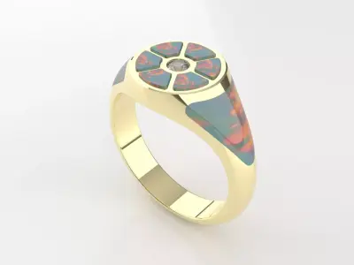 Opal Inlay Signet Ring with Diamond Center 3D Print Model 3D print model
