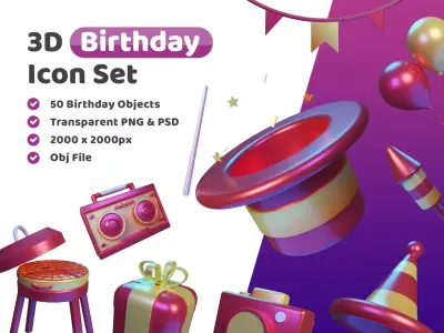 Birthday Icon Pack 3D Model Low-poly 3D model