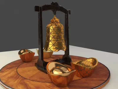 Chinese bell  with gold Ingot 3D model