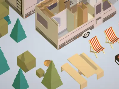 isometric camping van car parked with barbecue Low-poly 3D model