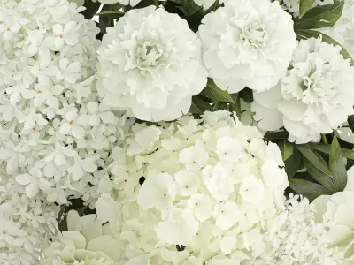 Realistic Bouquet White Flowers Lilac Hydrangea peony vase glass 3D model