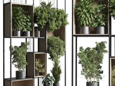 Standing metal shelf with a set 384 of plants in metal boxes Low-poly 3D model