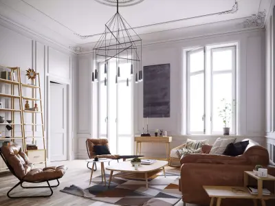 Mid Century interior scene 3D model  Low-poly 3D model
