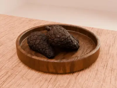 Pine Cone Set on Wooden Tray Low-poly 3D model