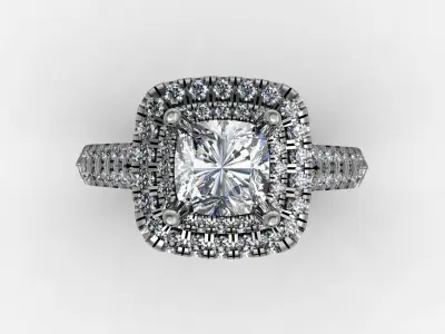 Double cushion halo engagement ring with knife edge shank 3D print model