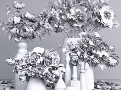 Realistic Collection of Peonies Bouquet in Vases 3D model