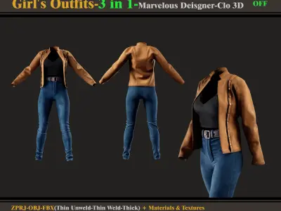 3 in 1 Girls Outfits- MD-Clo3d -OBJ - FBX -Materials-Textures 3D model