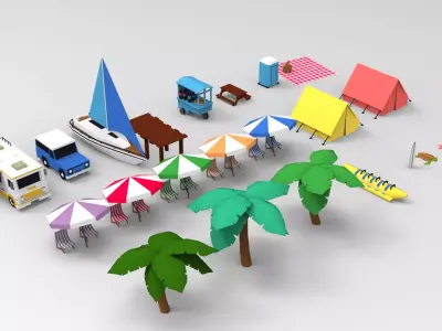 low poly beach props Low-poly 3D model