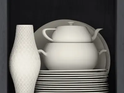 Kitchen set shelf filled with dishes and utensils 3D model