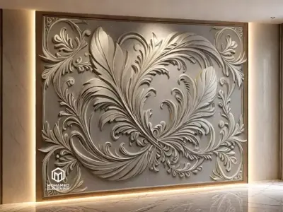 modern feather panel wall decor set relief stl mural CNC 305 3D model