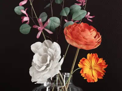 Decor bouquet of flowers in a glass vase 3D model