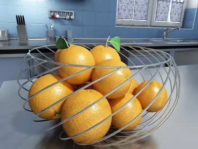 Oranges in Metal Wire Decorative Basket 3D model