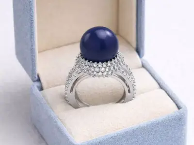 luxury Silver Cabochon Ring with Pave Diamonds 3D print model