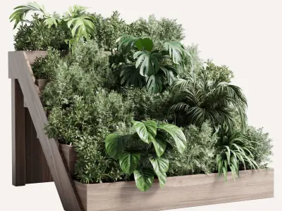 Collection outdoor plant stairs wooden vase pot fern bush  Low-poly 3D model