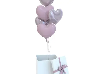 Heart Valentine Balloons and Gift Box Low-poly 3D model