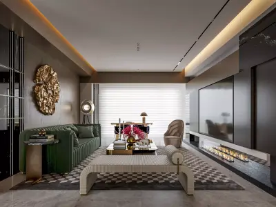Luxury living room and dining room scene 3D model