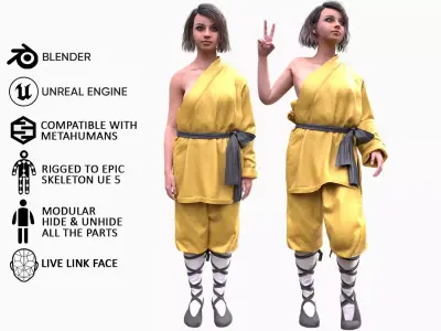 Woman in Martial Suit 3 - Modular - Rigged Low-poly 3D model