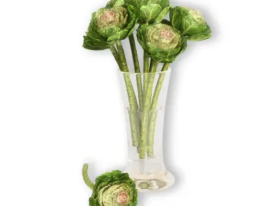 Brassica artichoke stems in glass vase 3D model