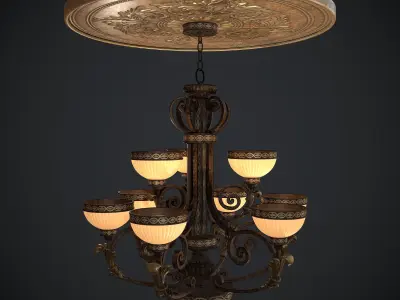 Chandelier nine lights with Ceiling medallion Low-poly 3D model