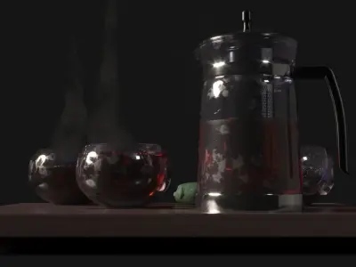 Tea Set pot and glasses on wooden tray 3D model