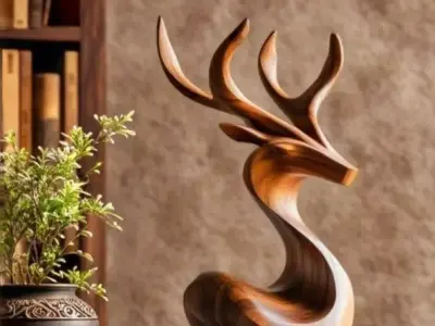 Wooden Deer Head Sculpture 3D Elegant Animal Art Decor Low-poly 3D model