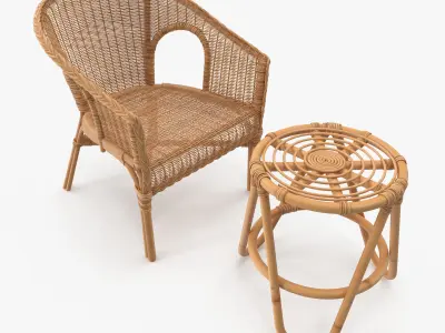 Bamboo Set rattan chair and stool Low-poly 3D model