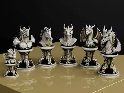 Dragon Chess Pieces Set of 6  Fantasy Dragon Busts Baby Dragon  3D print model
