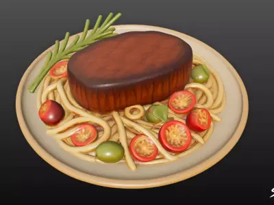 Steak on Spaghetti Low-poly 3D model