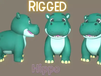 Rigged Cute Playful Green Hippo Low-poly 3D model