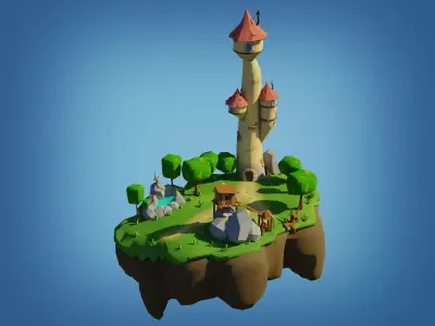 Low-poly Fantasy Castle on a Floating Island  Low-poly 3D model