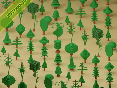lowpoly trees - 100 Unique  trees pack 1-4 3D Model Collection