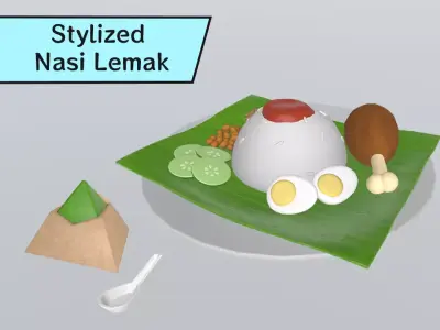 Stylized Nasi Lemak Food Set 3D model