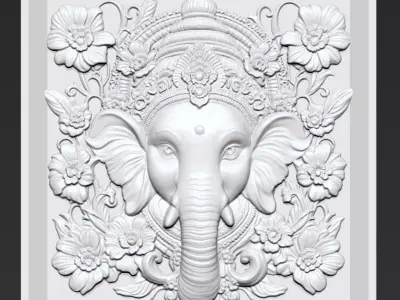 Ganesha Head with Flowers Background A5 3D print model
