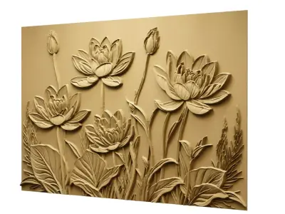 Lotus flowers wall art set relief STL panel carving CNC 260 3D model