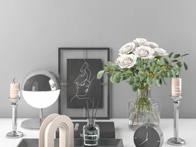 decorative set 5 roses in vase on desk 3D model