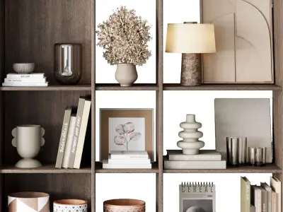 Wooden Shelves Decorative With Plants and Book - Wooden Rack 22 3D model