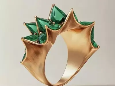 Luxury Emerald Crown Ring 3D Gold Petal Setting Green Gems Low-poly 3D model
