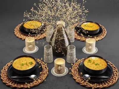 Tableware001 table setting with bowls of soup and candles 3D model