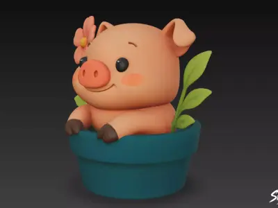 Pig in Flower Pot Low-poly 3D model