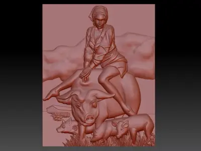 Girl and pig 3D print model