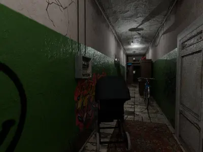 Abandoned Urban Courtyard with Broken Car 3D model