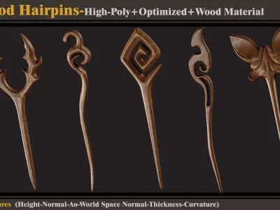 15 Wood Hairpins-High Poly-Optimized- FBX-OBJ- Wood Material  3D model
