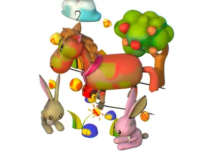 3D illustration Horse Hare Rabbit Ladybird Wood Low-poly 3D model