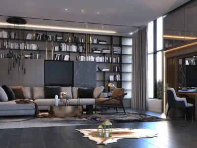 bedroom modern with wooden floors and bed 3D model