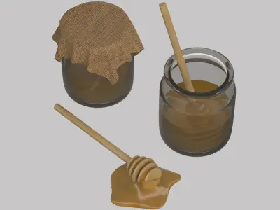 Honey in a pot and Wood Honey Dipper 3D model