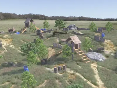 Paintball wooden structure in middle of grassy field 3D model